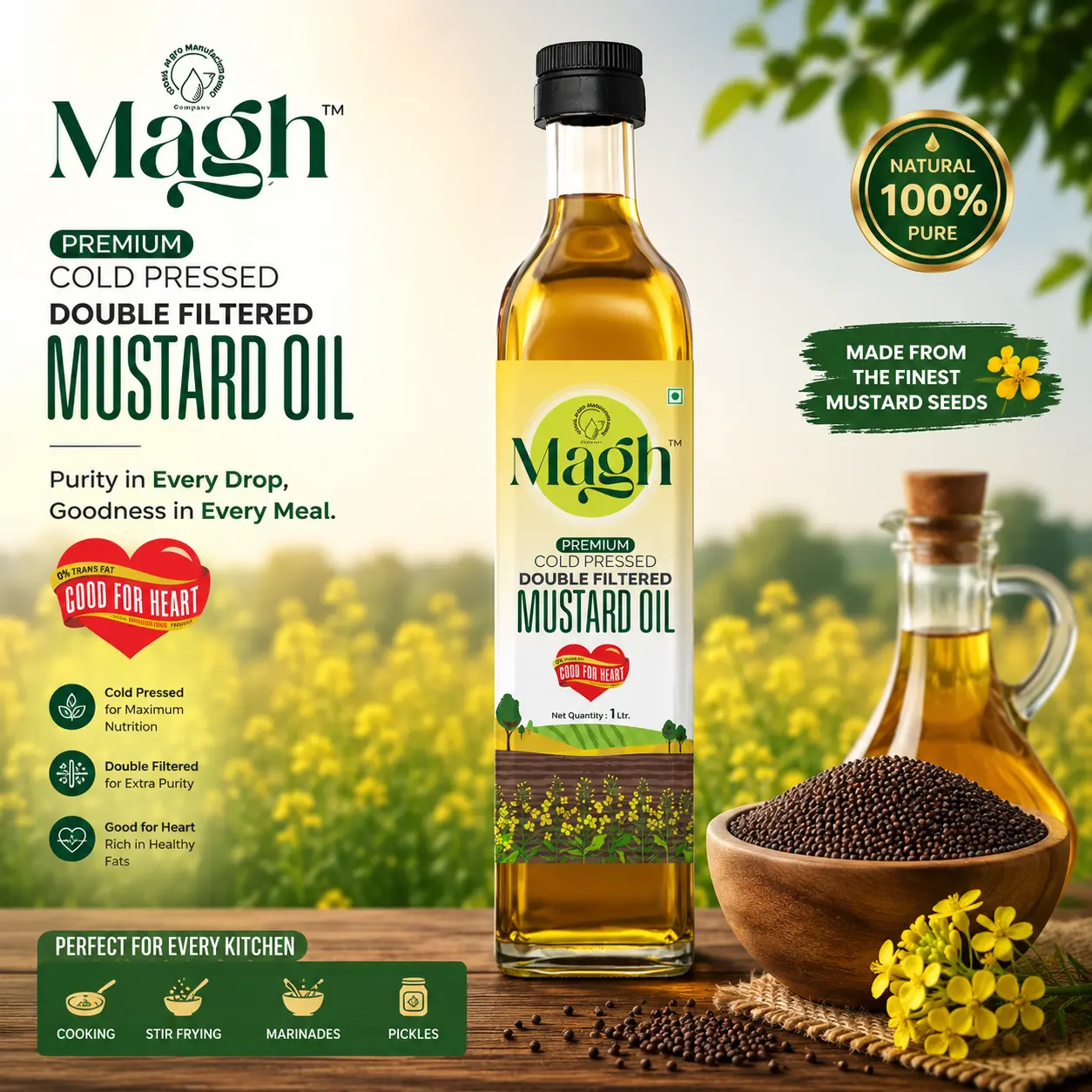 Magh Yellow Mustard Oil / Rapeseed Oil 1L | Cold Pressed - Image 2