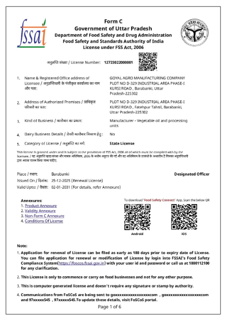 Goyal Agro Manufacturing Company FSSAI State Licence certificate
