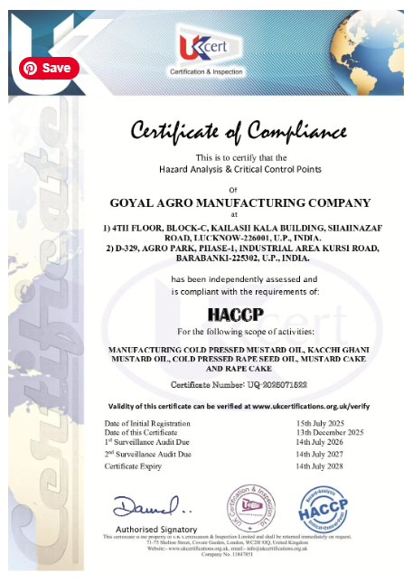 Goyal Agro Manufacturing Company HACCP certificate UQ-2025071522