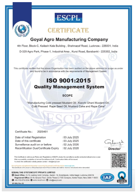 Goyal Agro Manufacturing Company ISO 9001 2015 certificate number 2025461